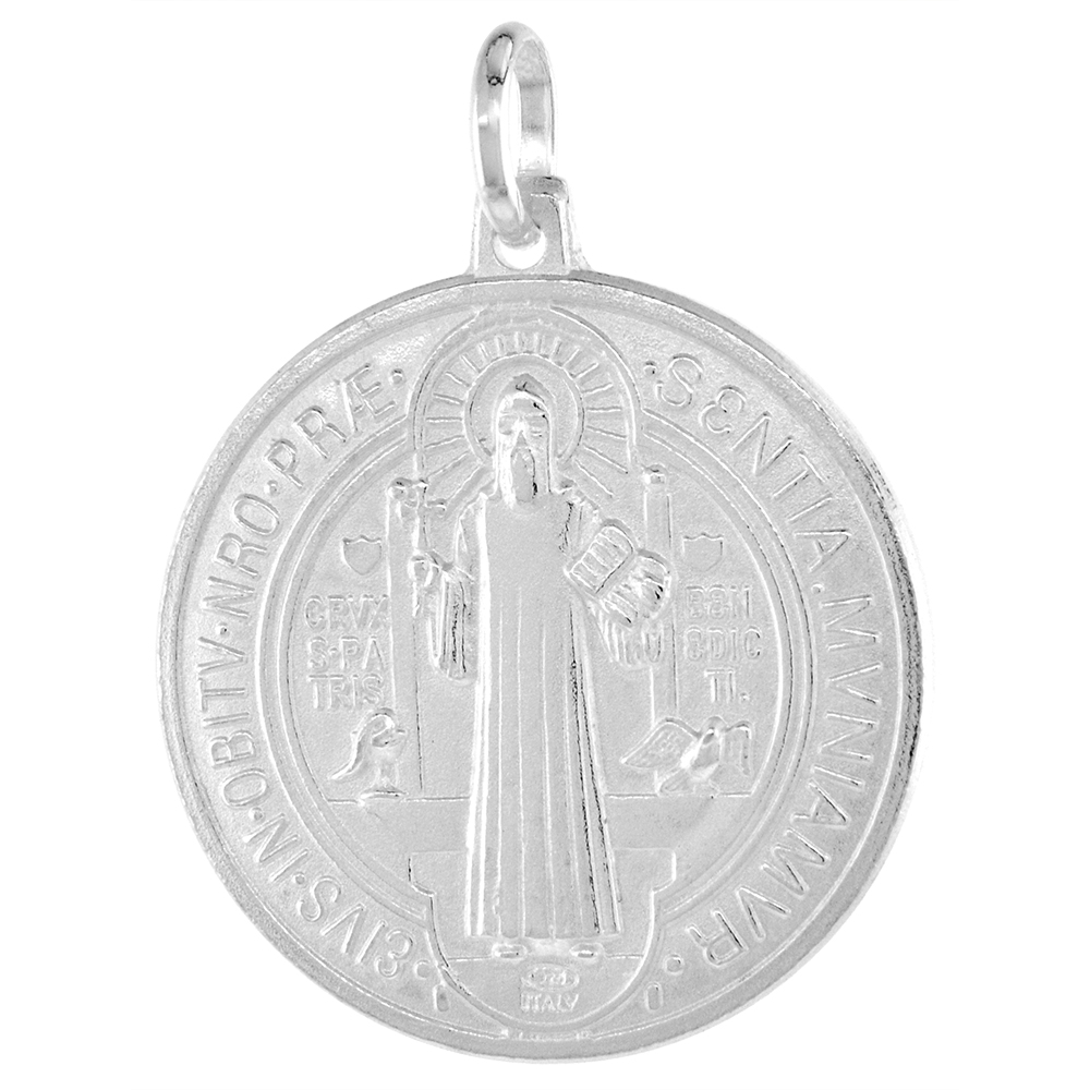 24MM STERLING SILVER ST BENEDICT MEDAL PENDANT 15/16 INCH ROUND NICKEL FREE ITALY STAINLESS STEEL CHAIN