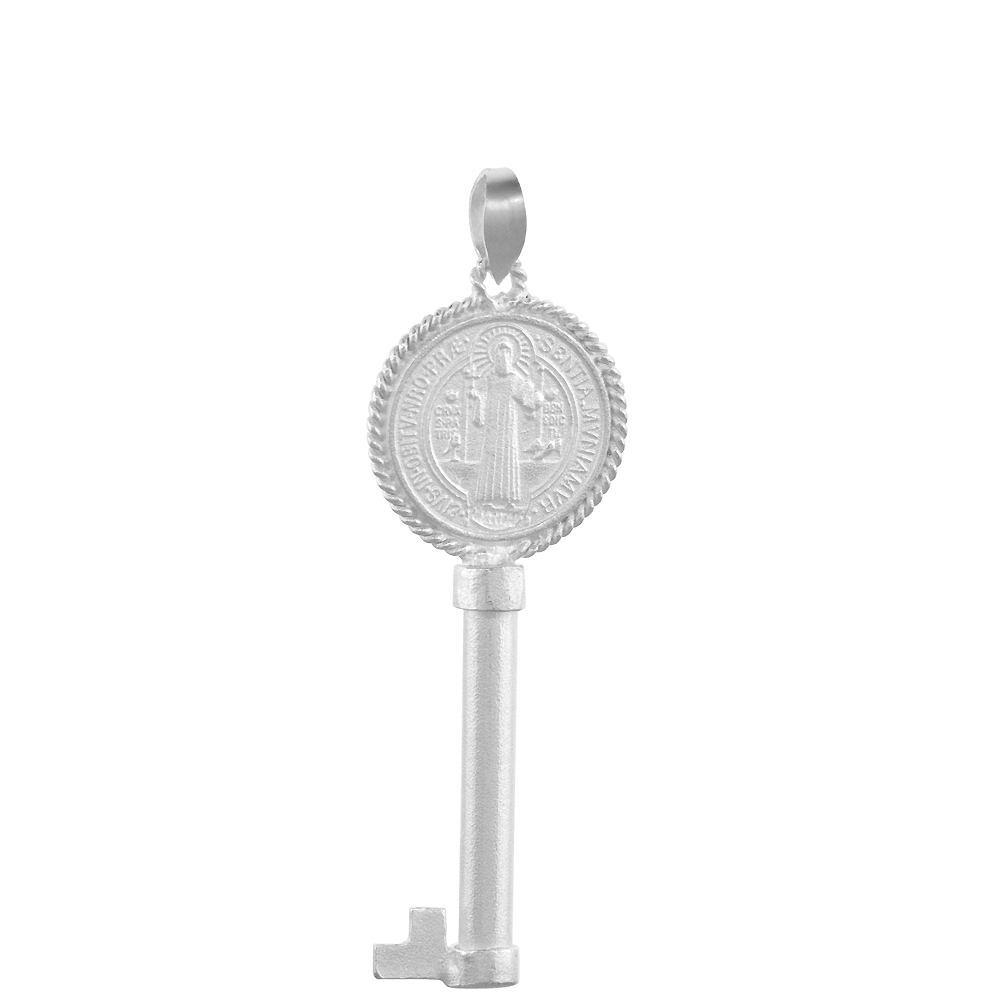 37MM STERLING SILVER ST BENEDICT KEY MEDAL NECKLACE 1 1/2 INCH NICKEL FREE ITALY WITH STAINLESS STEEL CHAIN