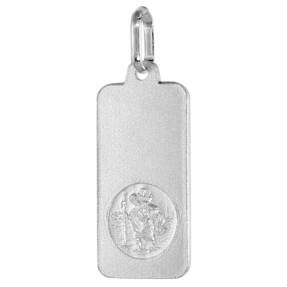 21MM STERLING SILVER ST CHRISTOPHER PENDANT RECTANGULAR 7/8 INCH TALL NICKEL FREE ITALY WITH STAINLESS STEEL CHAIN