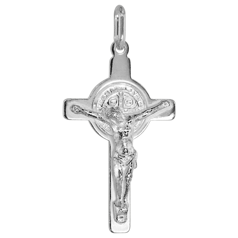 29mm 1 1/4 inch Silver St Benedict Crucifix Necklace for Women and Men High Polish Italy 1.8mm Curb Chain