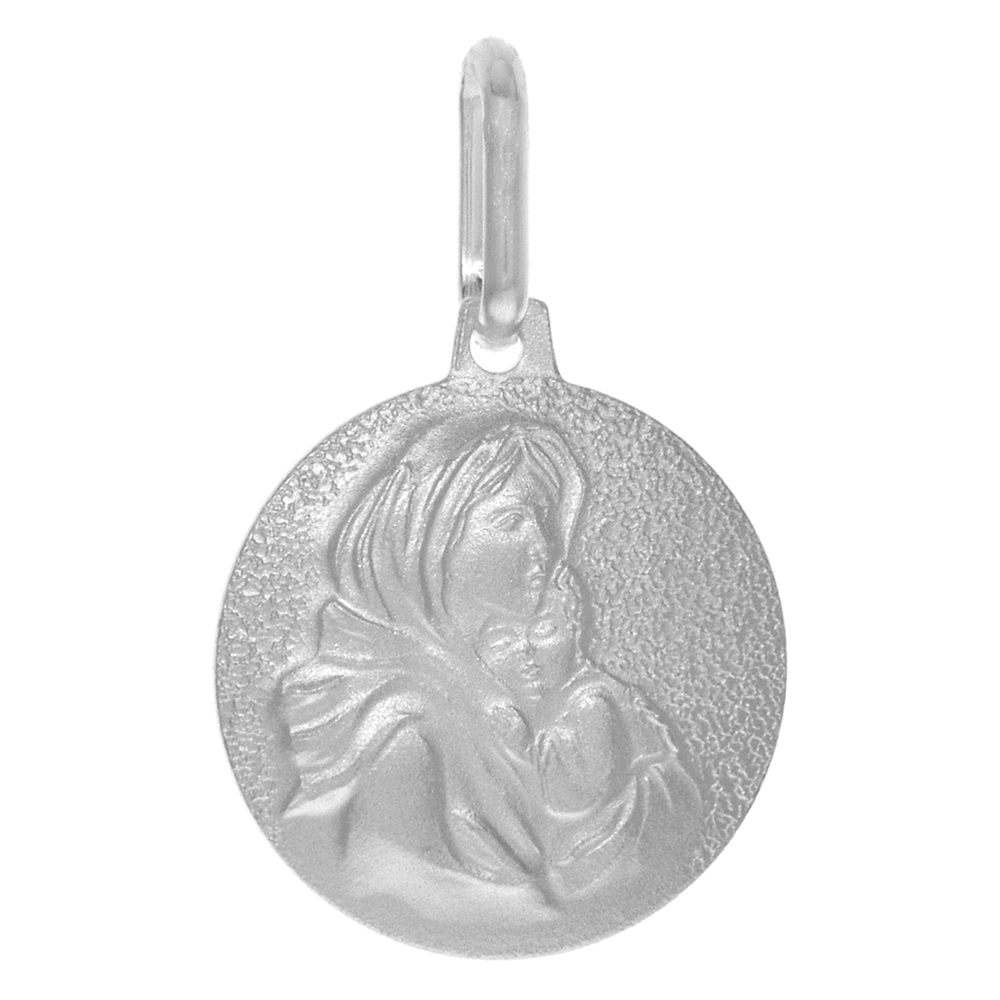15MM STERLING SILVER BLESSED MOTHER CHRIST MEDAL NECKLACE FOR WOMEN 5/8 INCH ROUND SANDSTONE FINISH 24 INCH STAINLESS STEEL CHAIN