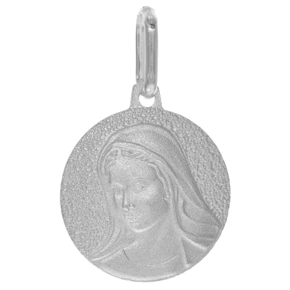 15mm Sterling Silver Blessed Mother Medal Necklace for Women 5/8 inch Round Sandstone finish 24 inch Stainless Steel chain