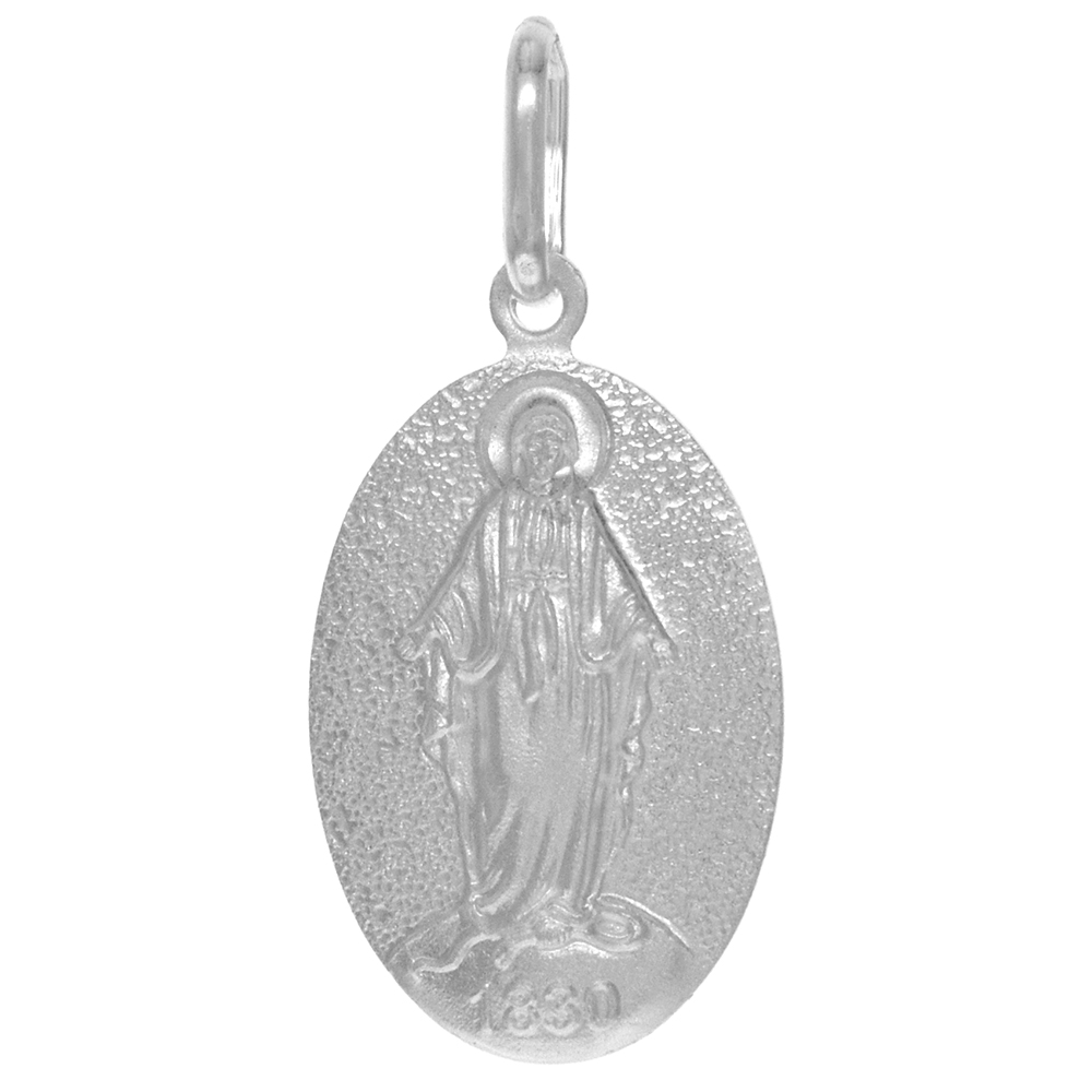 22mm Sterling Silver Miraculous Medal Necklace for Women and Men 7/8 inch Oval Virgin Mary Sandstone finish Italy with Stainless Steel Chain