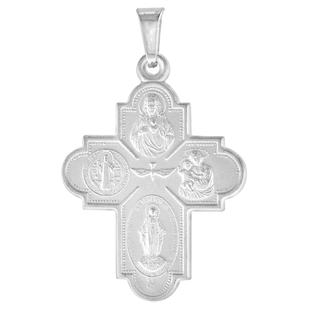 1 � inch Sterling Silver 4-way Cross Medal Cruciform Pendant For Men &amp; Women Nickel Free Italy with Stainless Steel Chain