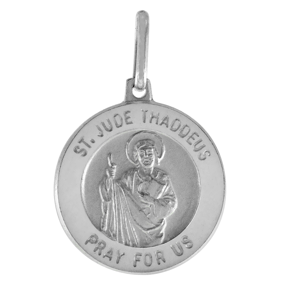 18MM DAINTY STERLING SILVER ST JUDE MEDAL NECKLACE ROUND 3/4 INCH ITALY WITH STAINLESS STEEL CHAIN