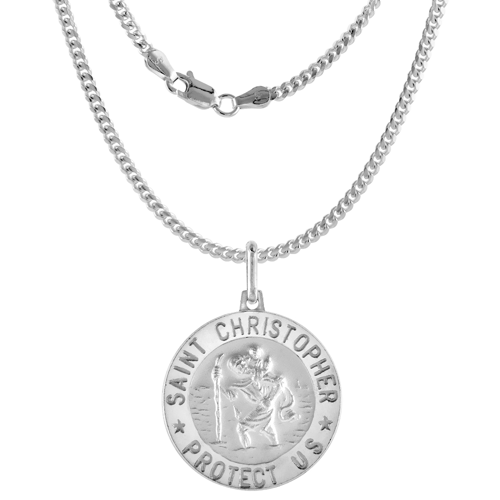 Large 1 inch Sterling Silver St Christopher Medal Necklace for Men 24mm Round Nickel Free Italy