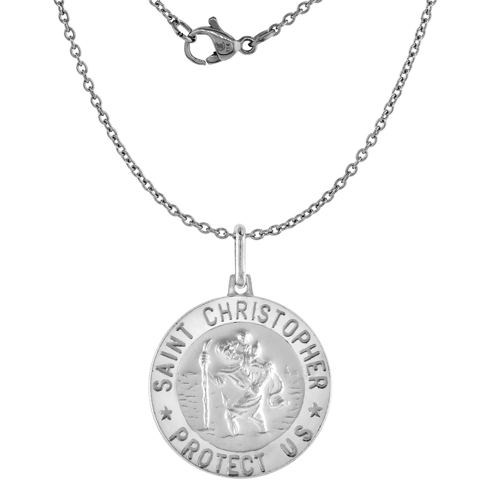 Large 1 inch Sterling Silver St Christopher Medal Necklace for Men 24mm Round Nickel Free Italy with Stainless Steel Chain