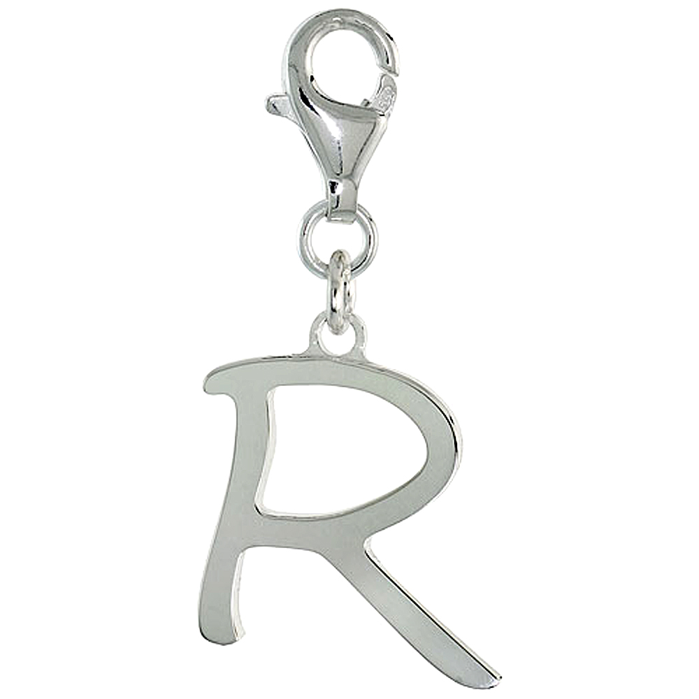 STERLING SILVER ALPHABET PENDANT BLOCK INITIAL R CHARM WITH LOBSTER CLASP POLISHED FINISH WOMEN ITALY 7/8 INCH