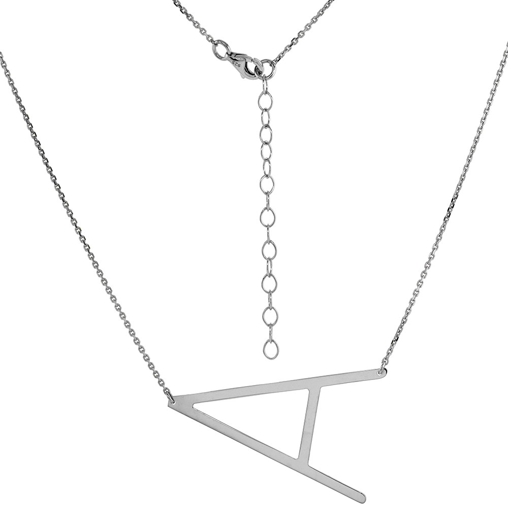 1 1/2 INCH STERLING SILVER SIDEWAYS INITIAL A NECKLACE FOR WOMEN BLOCK LETTER RHODIUM FINISH 18-20 INCH
