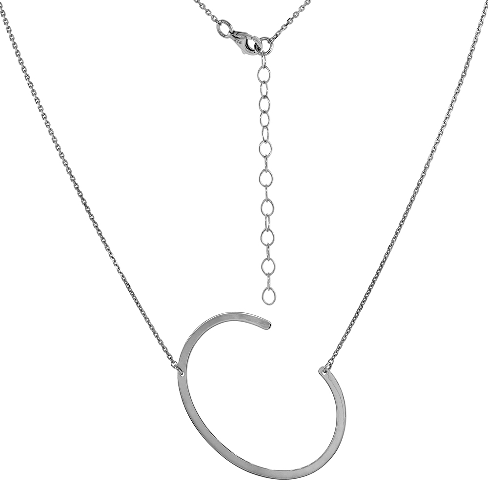 1 1/2 INCH STERLING SILVER SIDEWAYS INITIAL C NECKLACE FOR WOMEN BLOCK LETTER RHODIUM FINISH 18-20 INCH