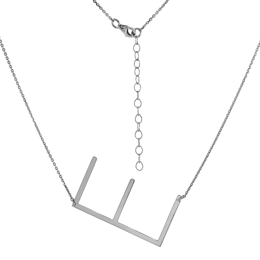 1 1/2 INCH STERLING SILVER SIDEWAYS INITIAL E NECKLACE FOR WOMEN BLOCK LETTER RHODIUM FINISH 18-20 INCH
