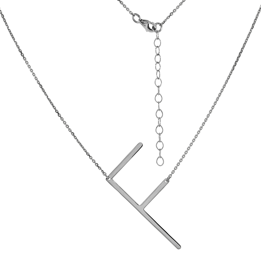 1 1/2 INCH STERLING SILVER SIDEWAYS INITIAL F NECKLACE FOR WOMEN BLOCK LETTER RHODIUM FINISH 18-20 INCH