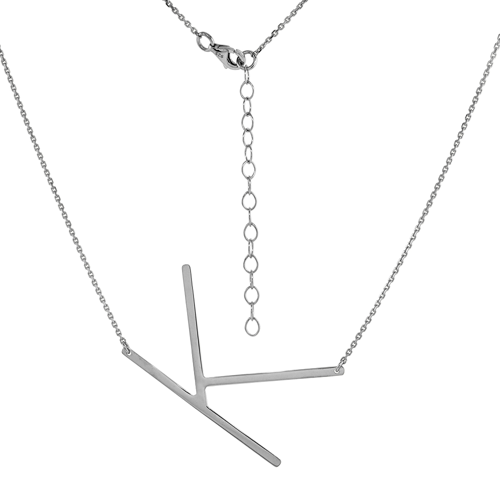 1 1/2 INCH STERLING SILVER SIDEWAYS INITIAL K NECKLACE FOR WOMEN BLOCK LETTER RHODIUM FINISH 18-20 INCH