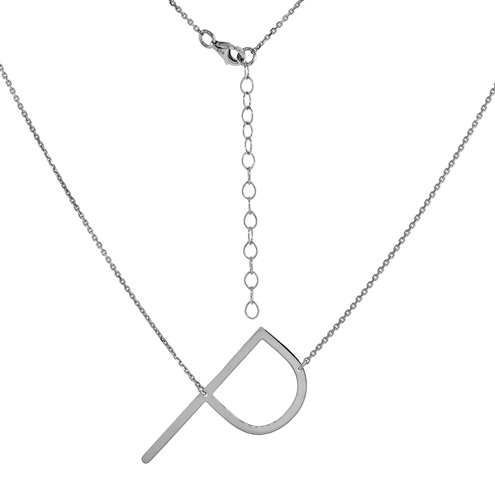 1 1/2 INCH STERLING SILVER SIDEWAYS INITIAL P NECKLACE FOR WOMEN BLOCK LETTER RHODIUM FINISH 18-20 INCH