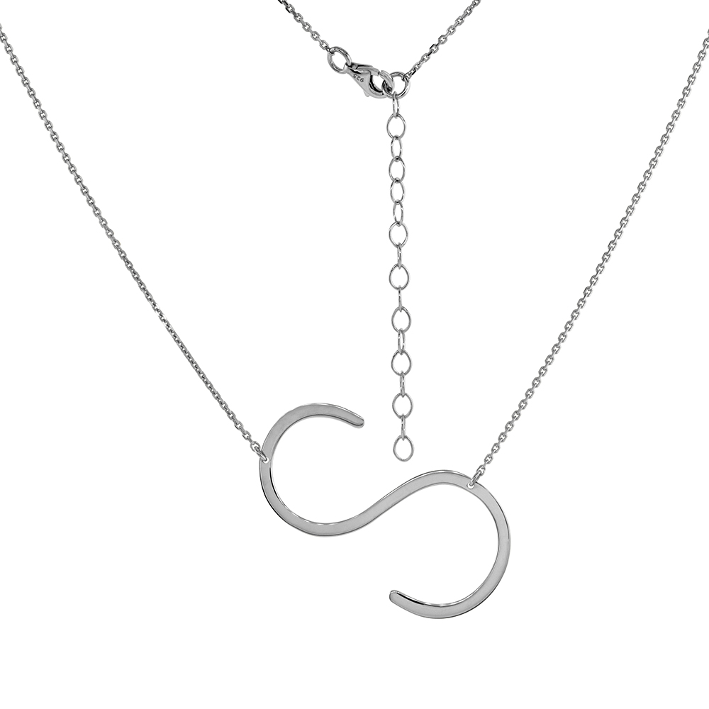 1 1/2 INCH STERLING SILVER SIDEWAYS INITIAL S NECKLACE FOR WOMEN BLOCK LETTER RHODIUM FINISH 18-20 INCH