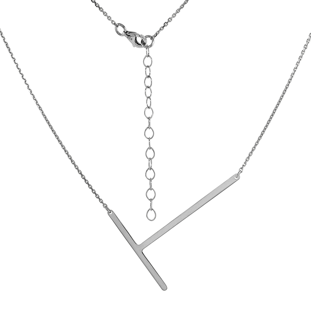 1 1/2 INCH STERLING SILVER SIDEWAYS INITIAL T NECKLACE FOR WOMEN BLOCK LETTER RHODIUM FINISH 18-20 INCH