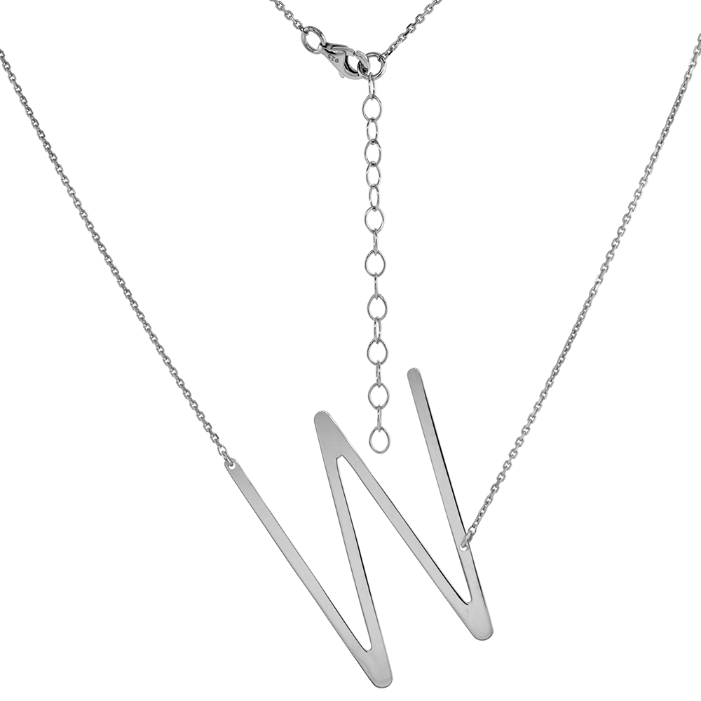 1 1/2 INCH STERLING SILVER SIDEWAYS INITIAL W NECKLACE FOR WOMEN BLOCK LETTER RHODIUM FINISH 18-20 INCH