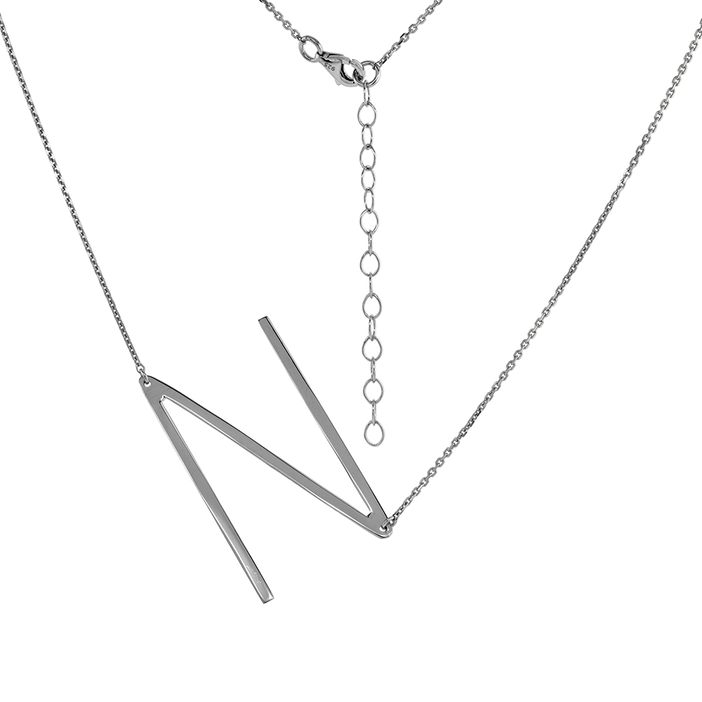 1 1/2 inch Sterling Silver Sideways Initial N Necklace For Women Block Letter Rhodium Finish 18-20 inch