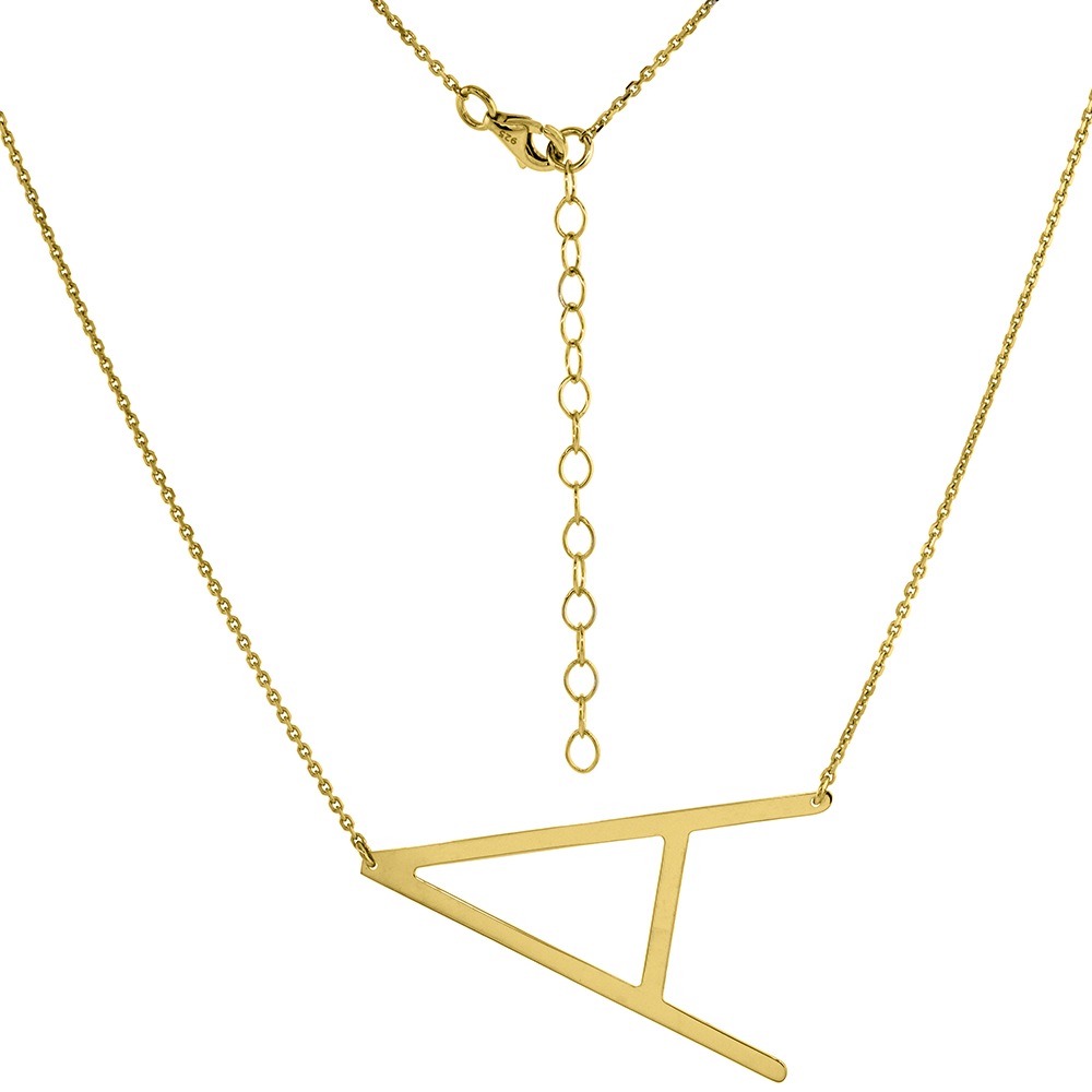 1 1/2 INCH GOLD PLATED STERLING SILVER SIDEWAYS INITIAL A NECKLACE FOR WOMEN BLOCK LETTER 18-20 INCH