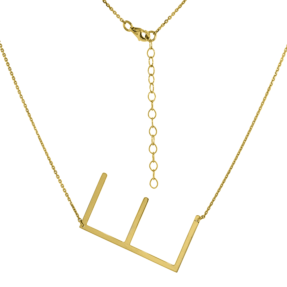 1 1/2 INCH GOLD PLATED STERLING SILVER SIDEWAYS INITIAL E NECKLACE FOR WOMEN BLOCK LETTER 18-20 INCH