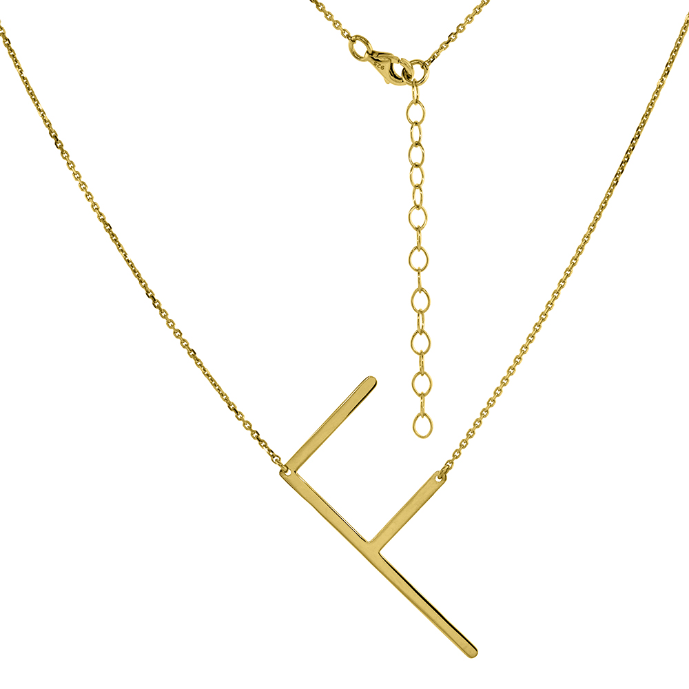 1 1/2 INCH GOLD PLATED STERLING SILVER SIDEWAYS INITIAL F NECKLACE FOR WOMEN BLOCK LETTER 18-20 INCH