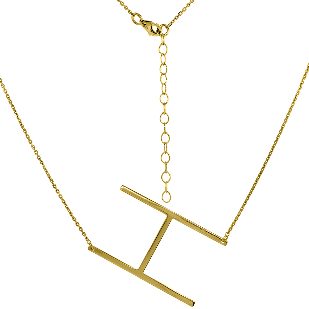 1 1/2 INCH GOLD PLATED STERLING SILVER SIDEWAYS INITIAL H NECKLACE FOR WOMEN BLOCK LETTER 18-20 INCH