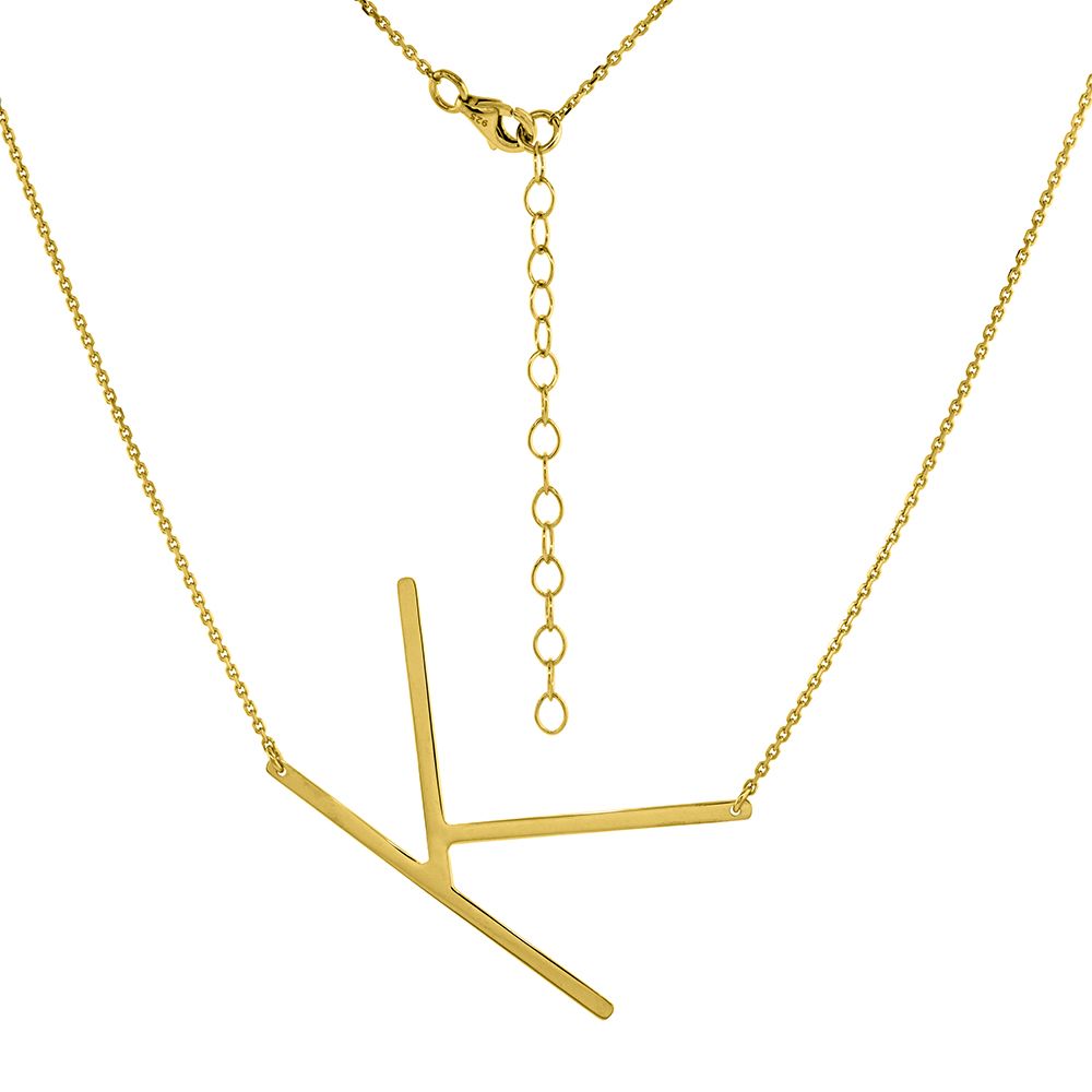 1 1/2 INCH GOLD PLATED STERLING SILVER SIDEWAYS INITIAL K NECKLACE FOR WOMEN BLOCK LETTER 18-20 INCH