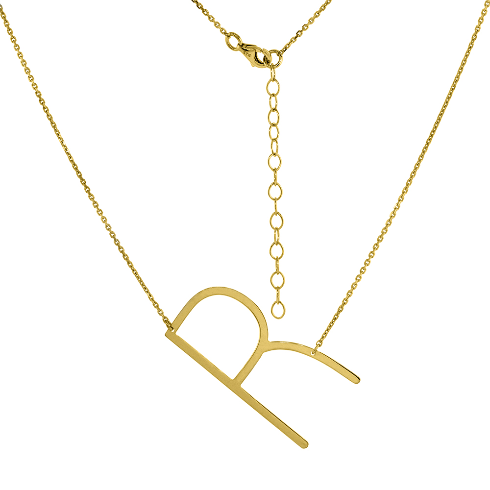 1 1/2 INCH GOLD PLATED STERLING SILVER SIDEWAYS INITIAL R NECKLACE FOR WOMEN BLOCK LETTER 18-20 INCH