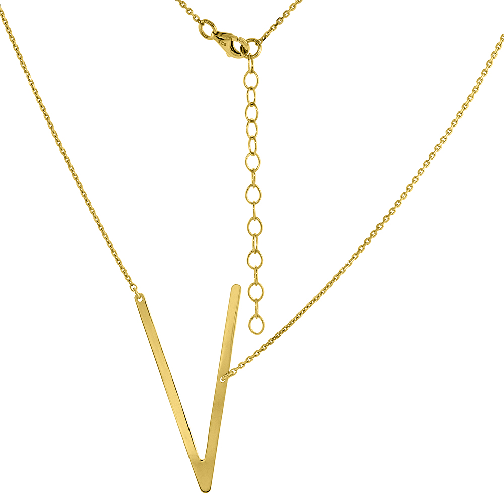 1 1/2 INCH GOLD PLATED STERLING SILVER SIDEWAYS INITIAL V NECKLACE FOR WOMEN BLOCK LETTER 18-20 INCH