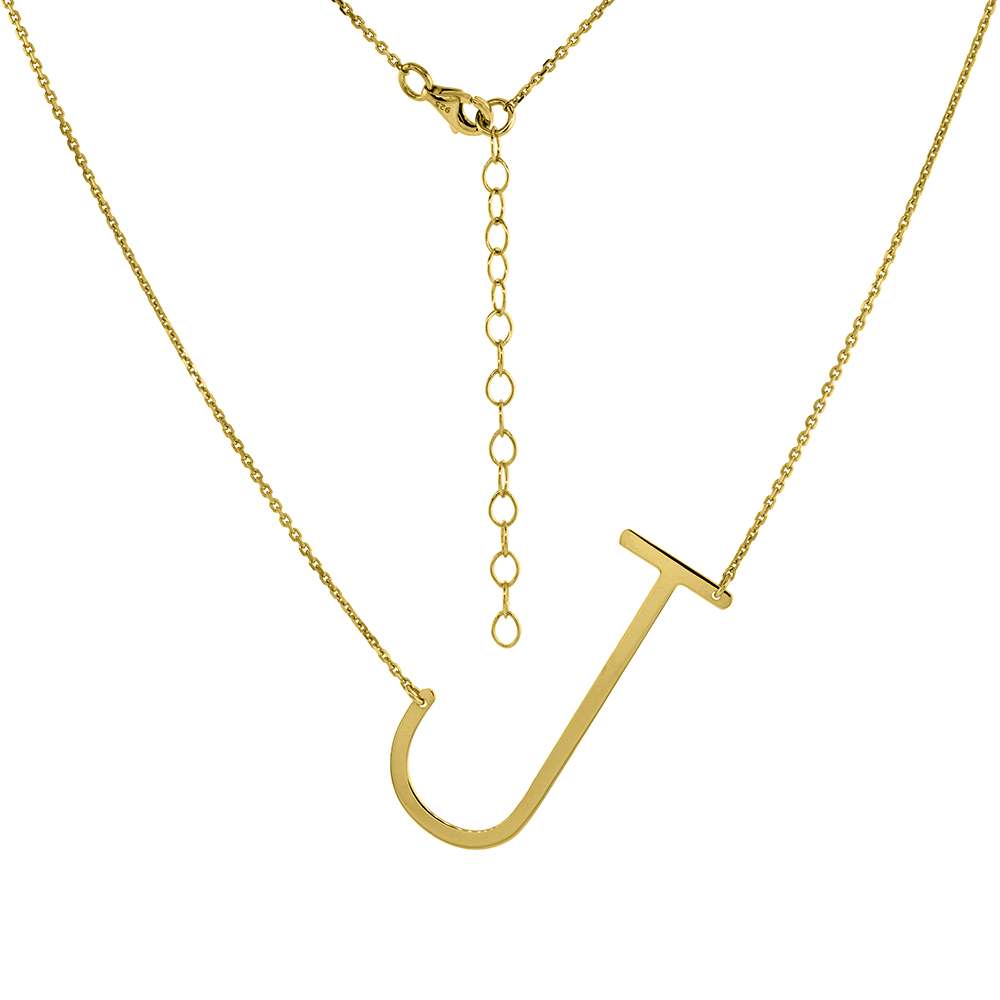 1 1/2 inch Gold Plated Sterling Silver Sideways Initial J Necklace For Women Block Letter 18-20 inch
