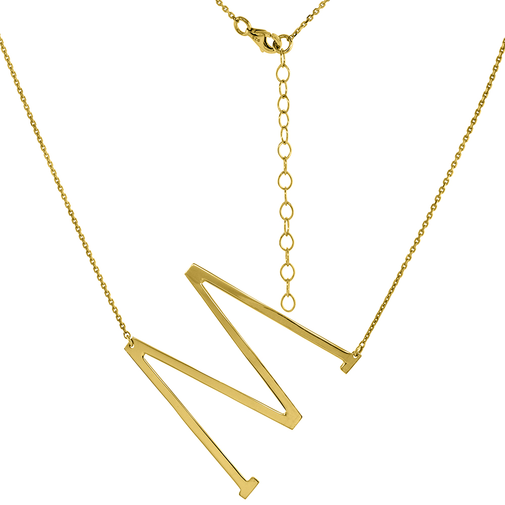 1 1/2 inch Gold Plated Sterling Silver Sideways Initial M Necklace For Women Block Letter 18-20 inch