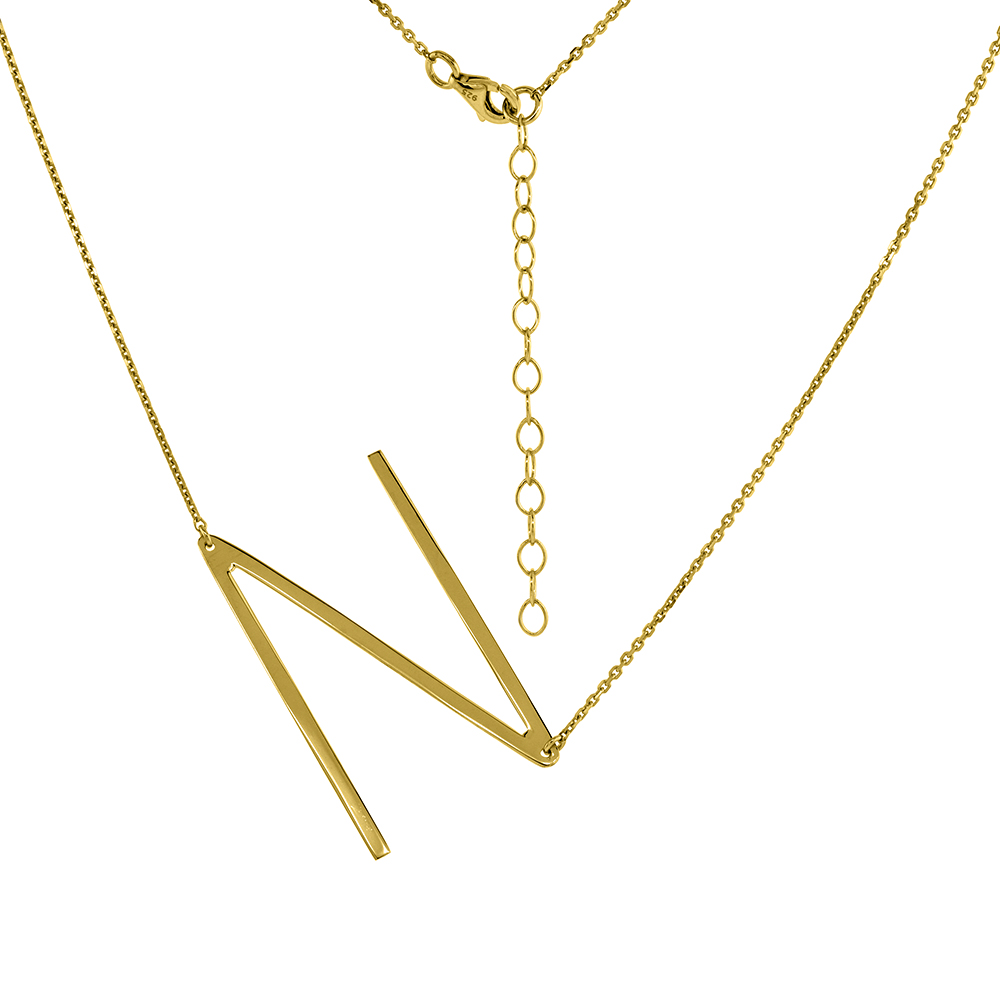 1 1/2 inch Gold Plated Sterling Silver Sideways Initial N Necklace For Women Block Letter 18-20 inch