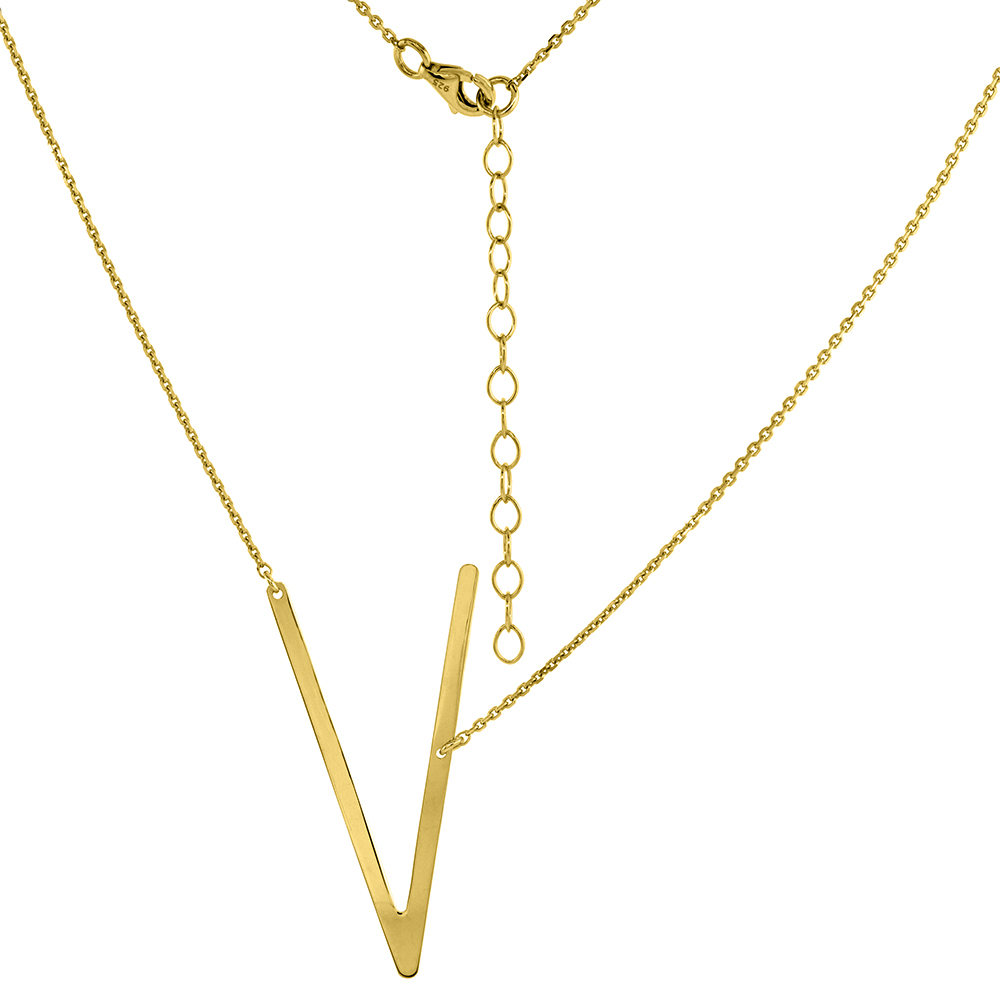 1 1/2 inch Gold Plated Sterling Silver Sideways Initial V Necklace For Women Block Letter 18-20 inch