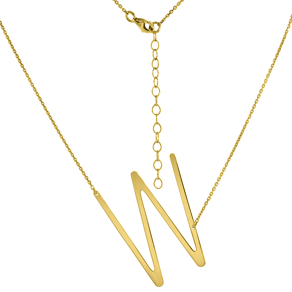 1 1/2 inch Gold Plated Sterling Silver Sideways Initial W Necklace For Women Block Letter 18-20 inch