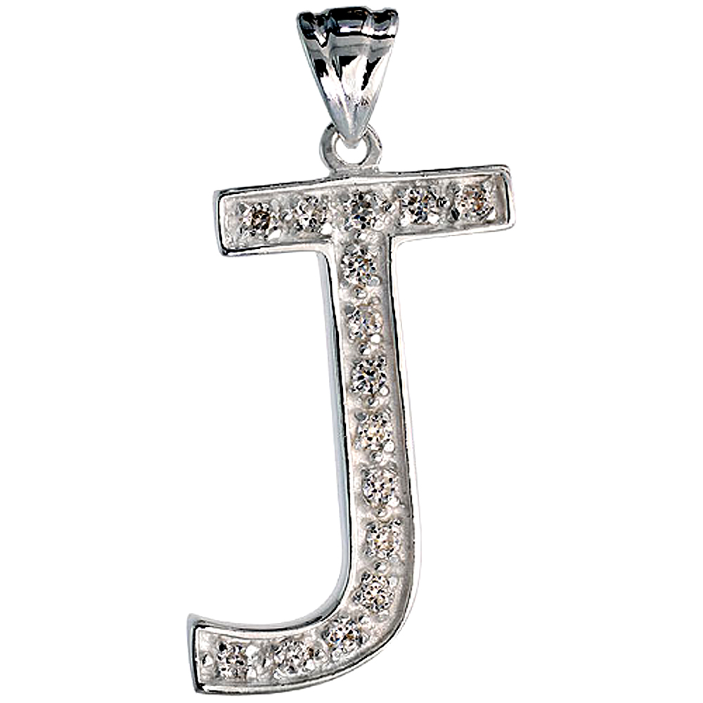 Sterling Silver Cubic Zirconia Block Initial Letter J Alphabet Pendant Large, 1 5/8 inch