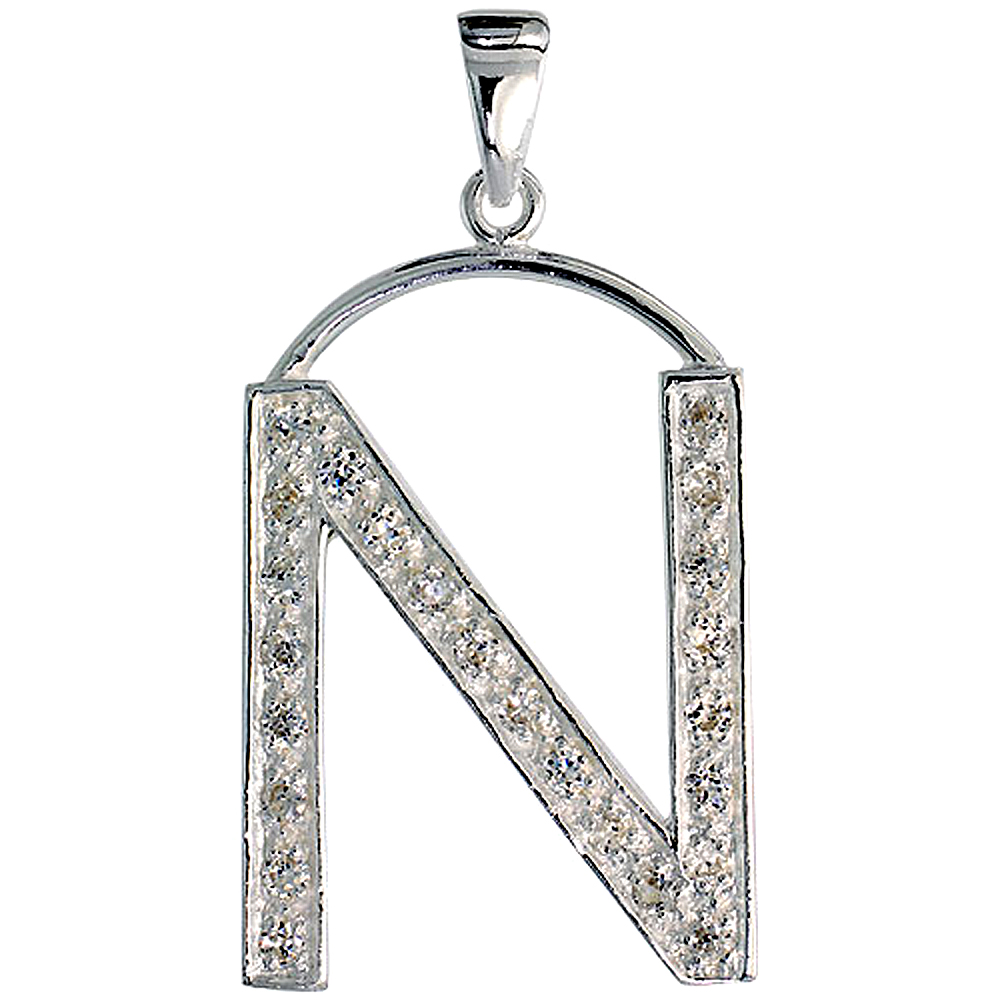 Sterling Silver Cubic Zirconia Block Initial Letter N Alphabet Pendant Large 1 5/8 inch