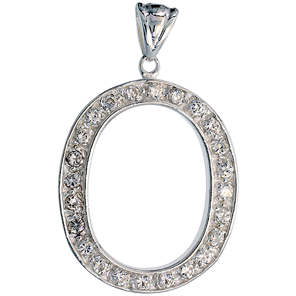 Sterling Silver Cubic Zirconia Block Initial Letter O Alphabet Pendant Large 1 5/8 inch