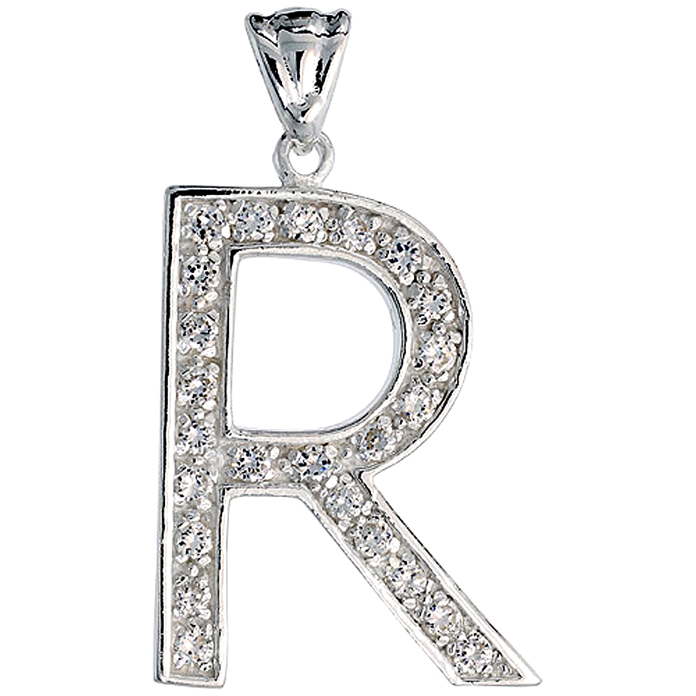 STERLING SILVER CUBIC ZIRCONIA BLOCK INITIAL LETTER R ALPHABET PENDANT LARGE 1 5/8 INCH