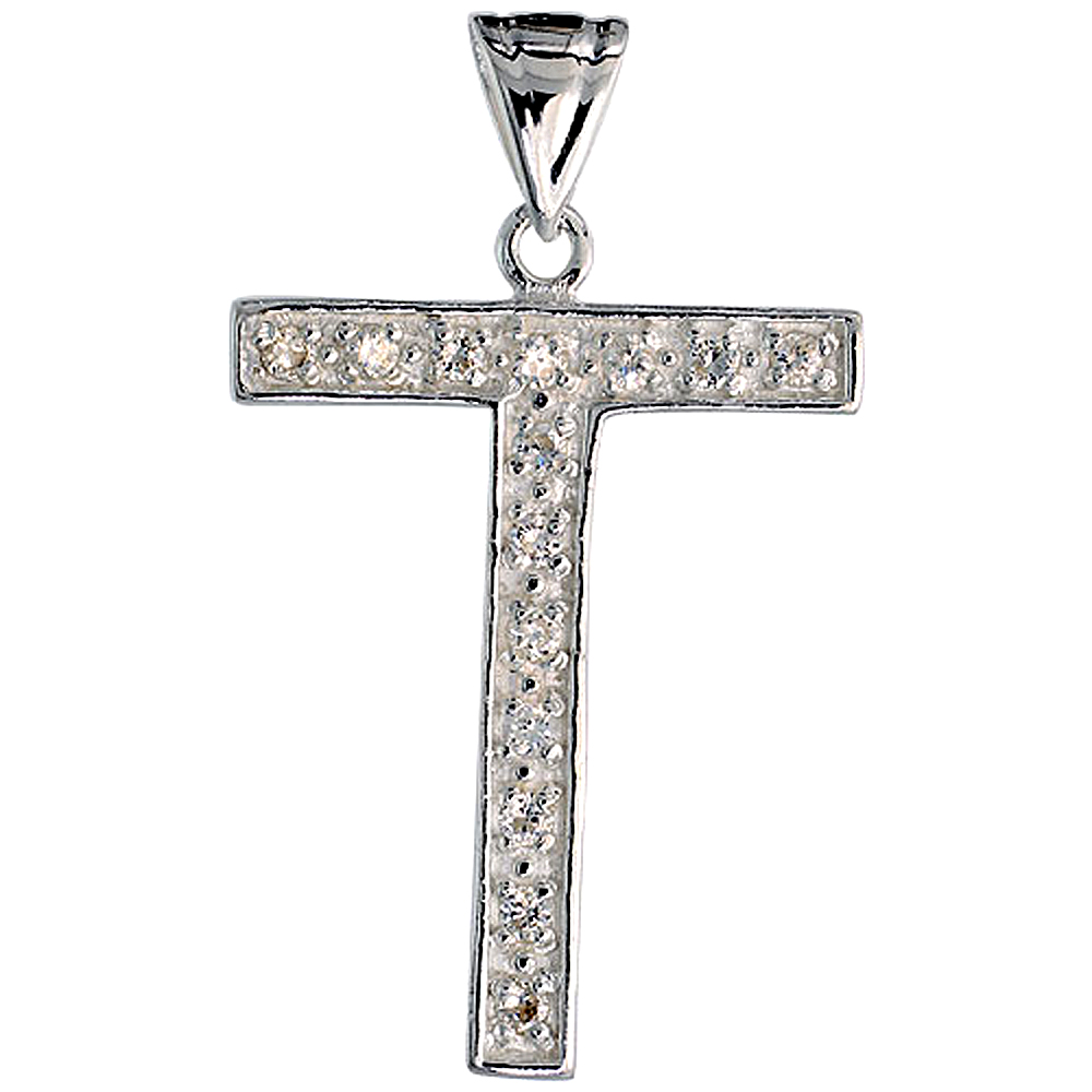 Sterling Silver Cubic Zirconia Block Initial Letter T Alphabet Pendant Large 1 5/8 inch