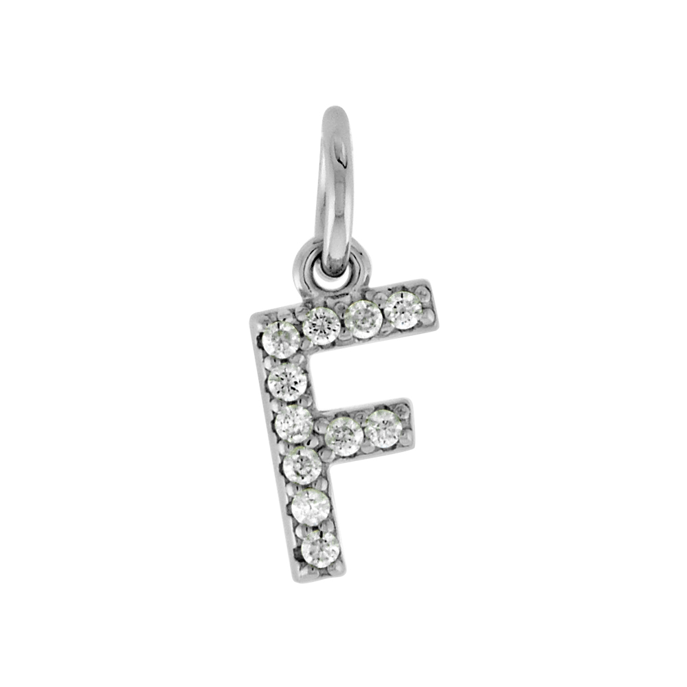 VERY TINY STERLING SILVER CZ BLOCK INITIAL F PENDANT FOR WOMEN RHODIUM FINISH 1/4 INCH TALL