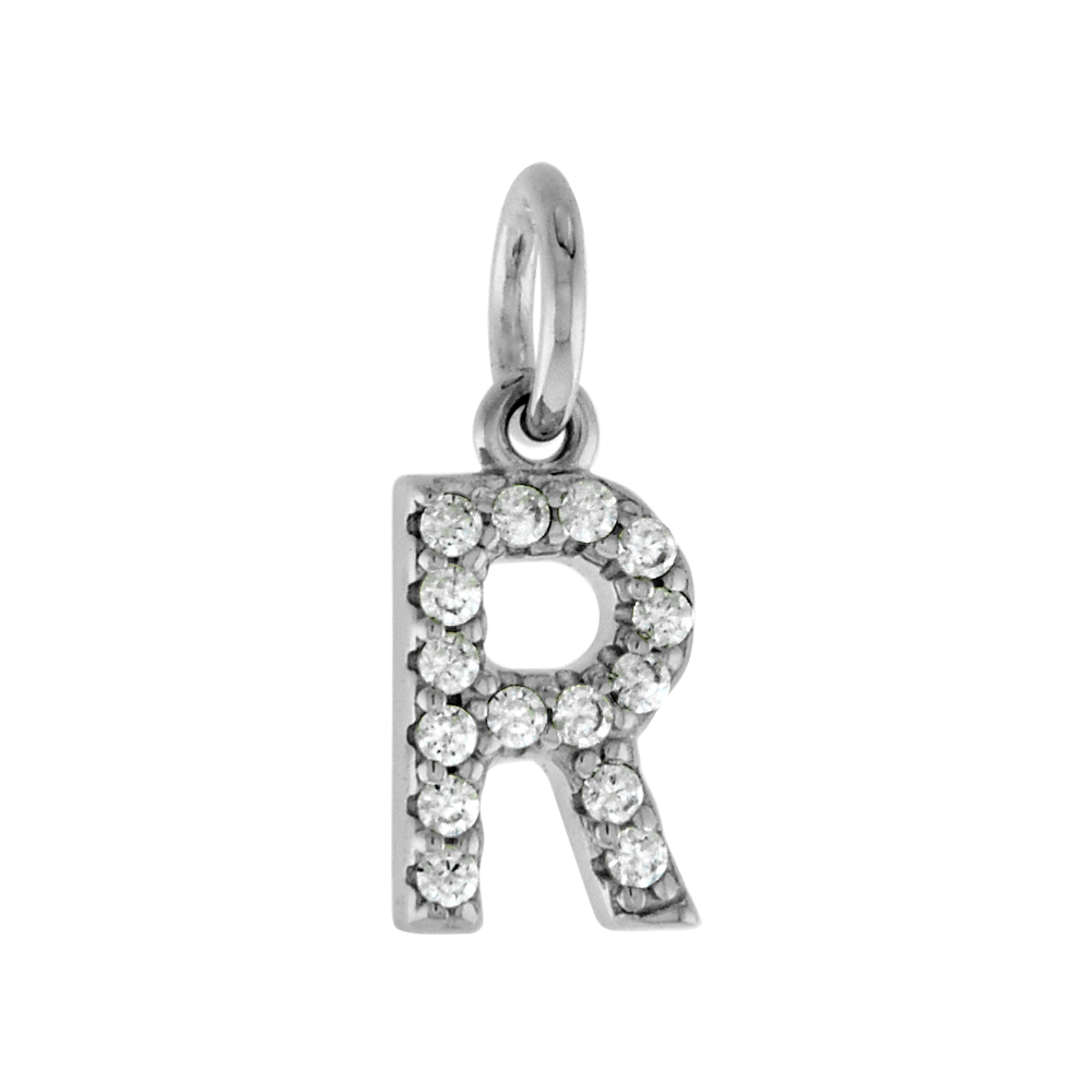 VERY TINY STERLING SILVER CZ BLOCK INITIAL R PENDANT FOR WOMEN RHODIUM FINISH 1/4 INCH TALL