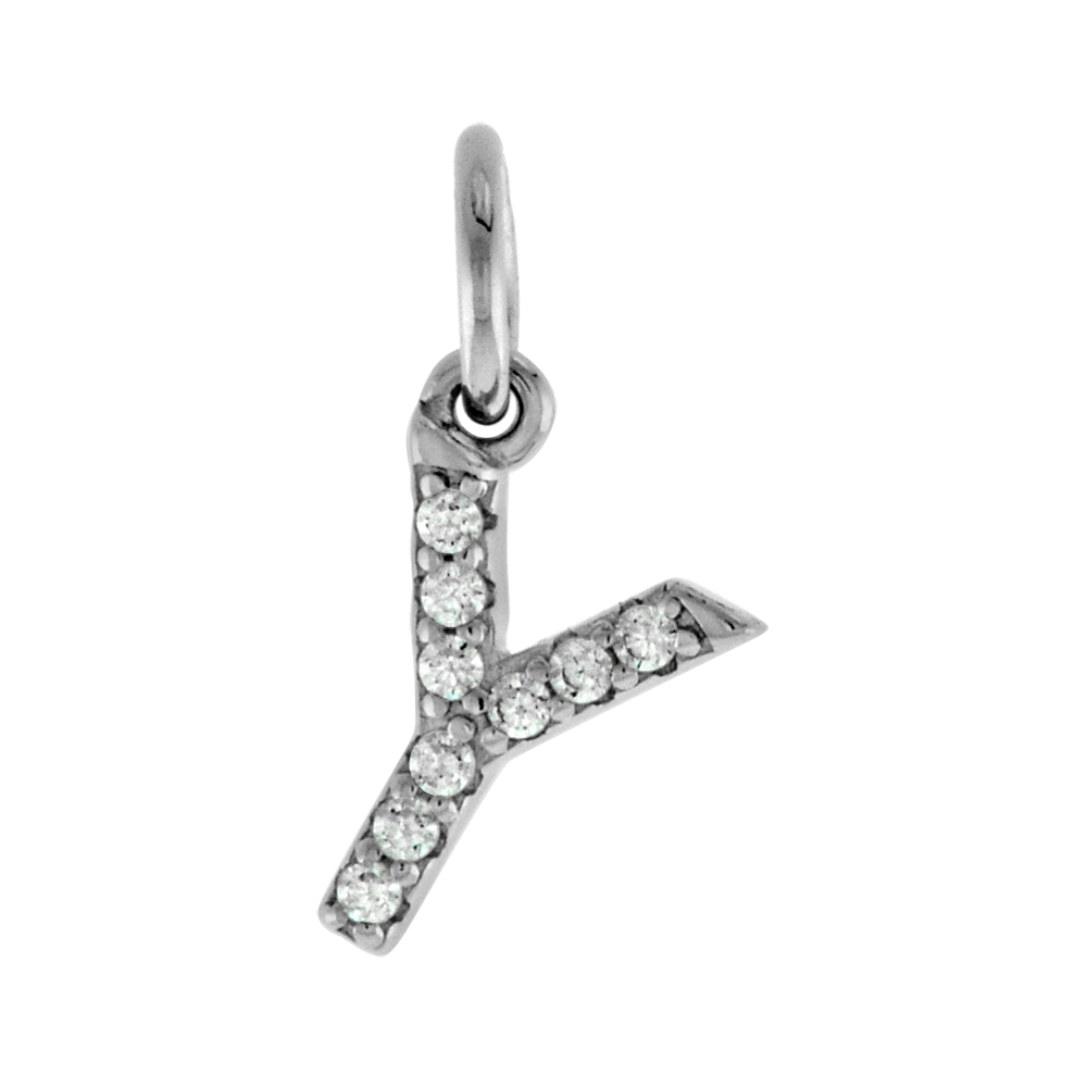 VERY TINY STERLING SILVER CZ BLOCK INITIAL Y PENDANT FOR WOMEN RHODIUM FINISH 1/4 INCH TALL