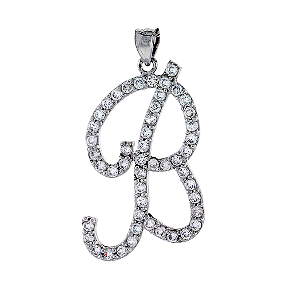 STERLING SILVER SCRIPT INITIAL LETTER B ALPHABET PENDANT WITH CUBIC ZIRCONIA STONES 1 3/8 INCH HIGH