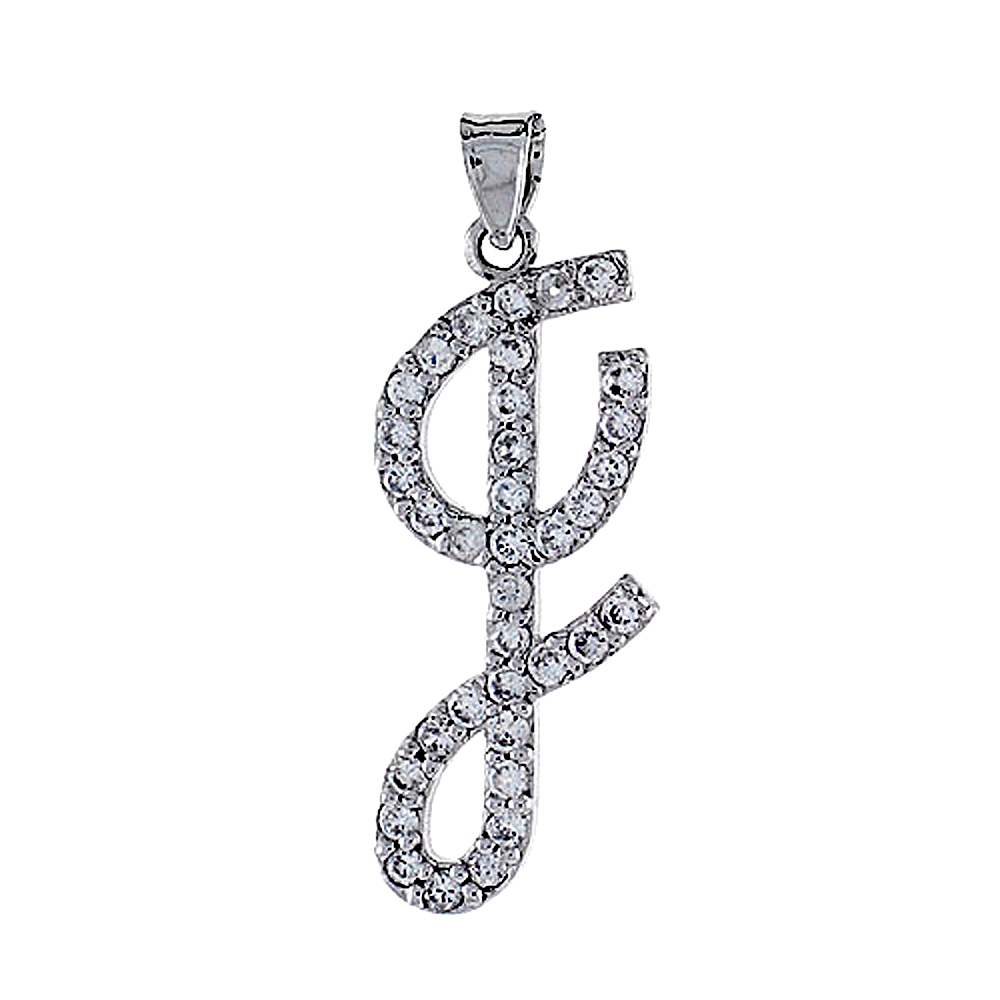 STERLING SILVER SCRIPT INITIAL LETTER J ALPHABET PENDANT WITH CUBIC ZIRCONIA STONES 1 3/8 INCH HIGH