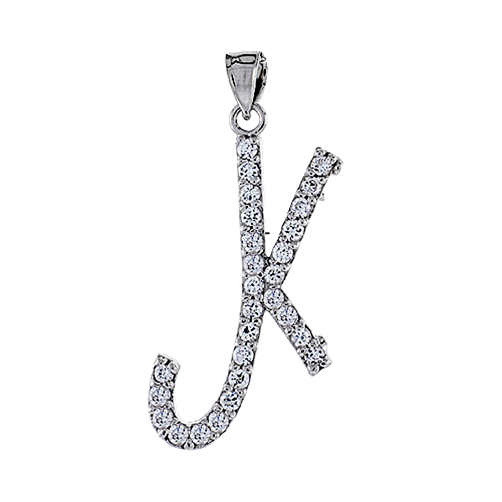 STERLING SILVER SCRIPT INITIAL LETTER K ALPHABET PENDANT WITH CUBIC ZIRCONIA STONES 1 3/8 INCH HIGH