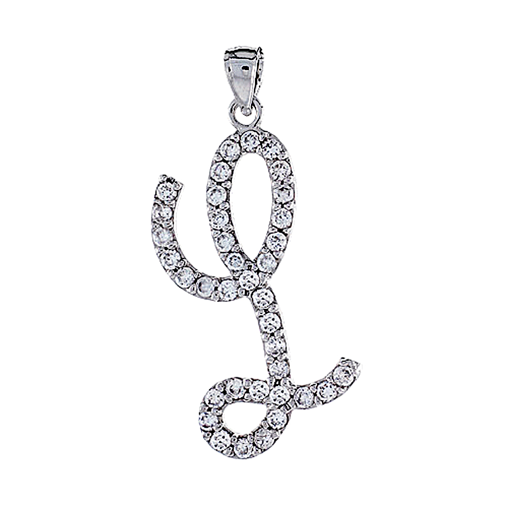 STERLING SILVER SCRIPT INITIAL LETTER L ALPHABET PENDANT WITH CUBIC ZIRCONIA STONES 1 3/8 INCH HIGH