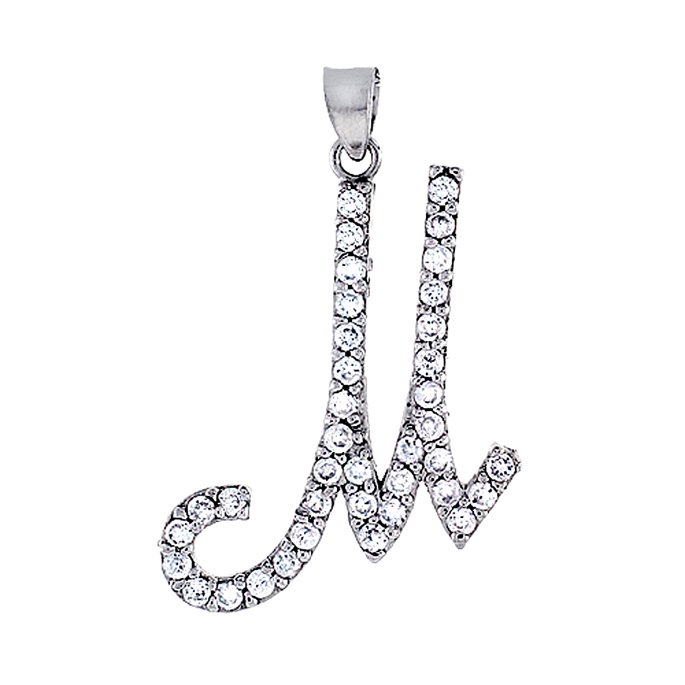STERLING SILVER SCRIPT INITIAL LETTER M ALPHABET PENDANT WITH CUBIC ZIRCONIA STONES 1 3/8 INCH HIGH