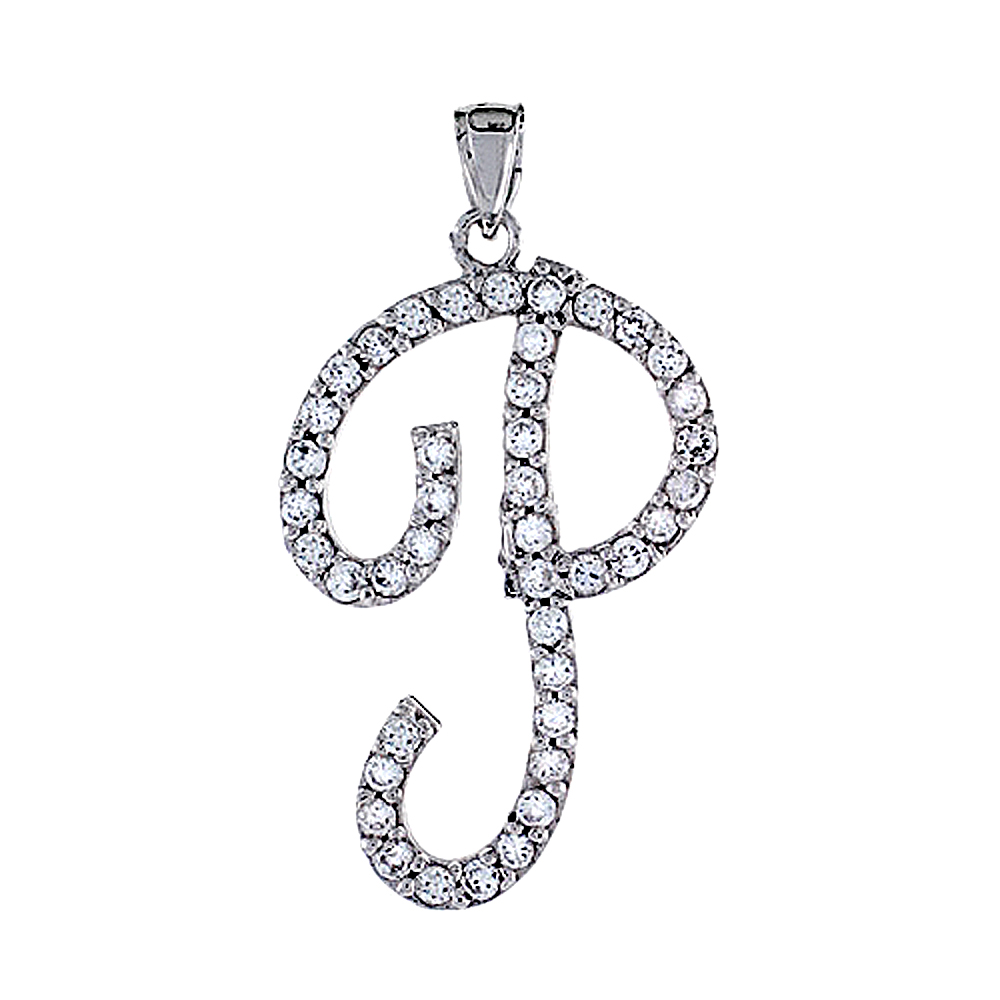 STERLING SILVER SCRIPT INITIAL LETTER P ALPHABET PENDANT WITH CUBIC ZIRCONIA STONES 1 3/8 INCH HIGH