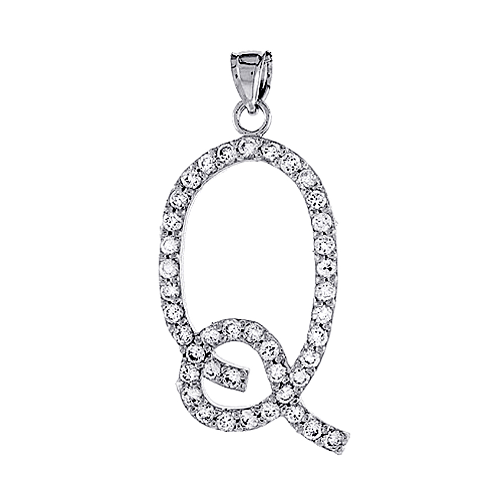STERLING SILVER SCRIPT INITIAL LETTER Q ALPHABET PENDANT WITH CUBIC ZIRCONIA STONES 1 3/8 INCH HIGH