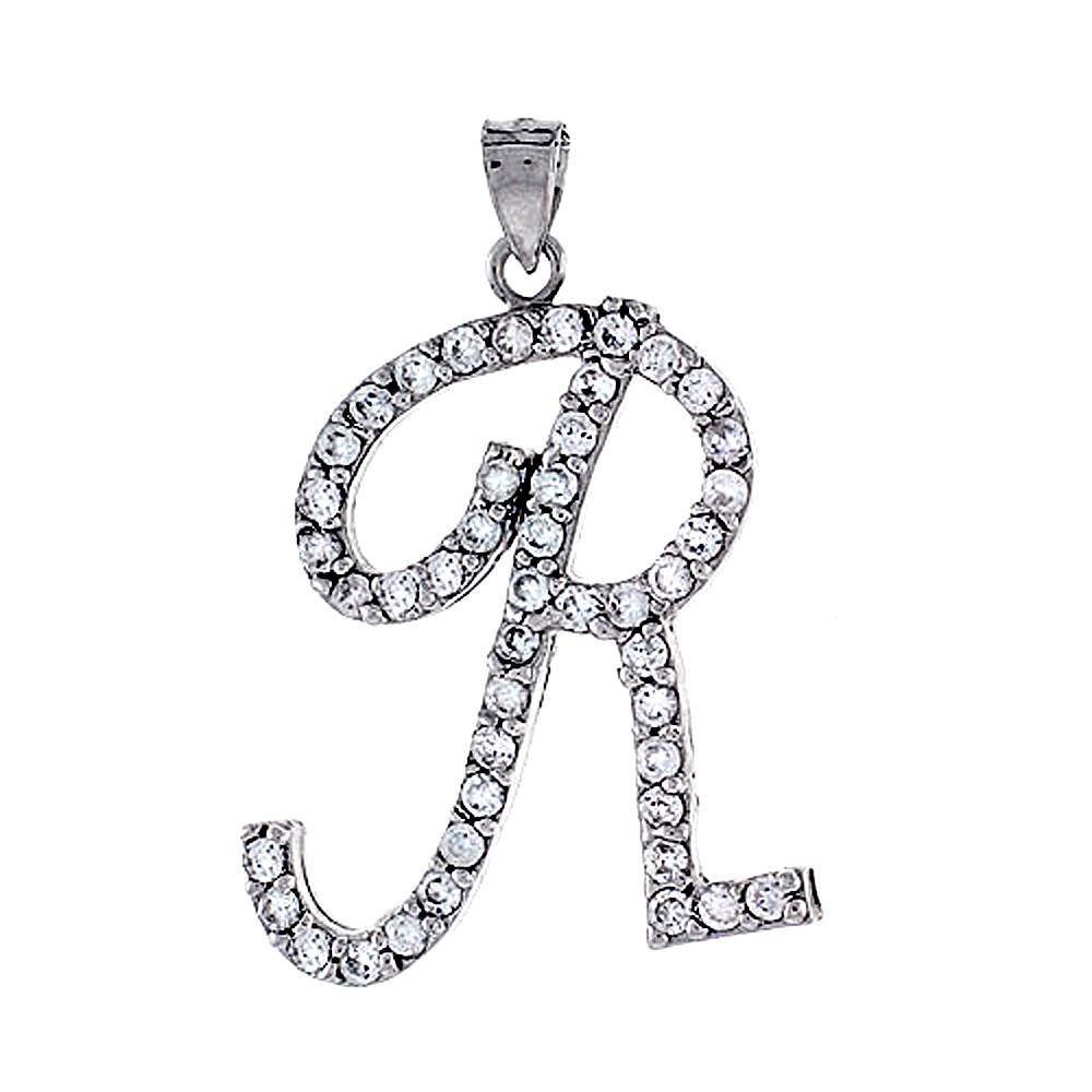 STERLING SILVER SCRIPT INITIAL LETTER R ALPHABET PENDANT WITH CUBIC ZIRCONIA STONES 1 3/8 INCH HIGH